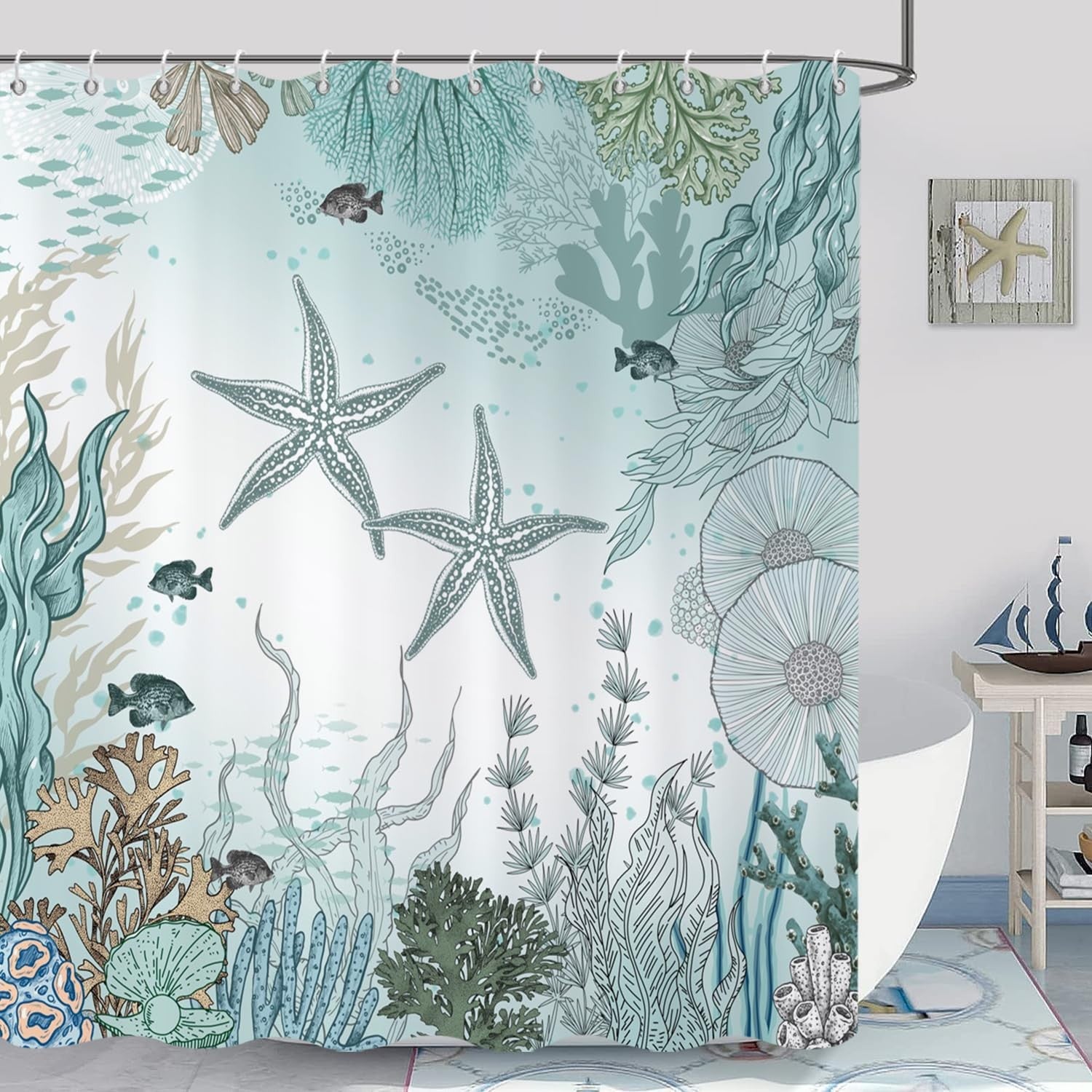 Summer Teal Starfish Shower Curtain Fabric w/ Hooks 72" x 72"