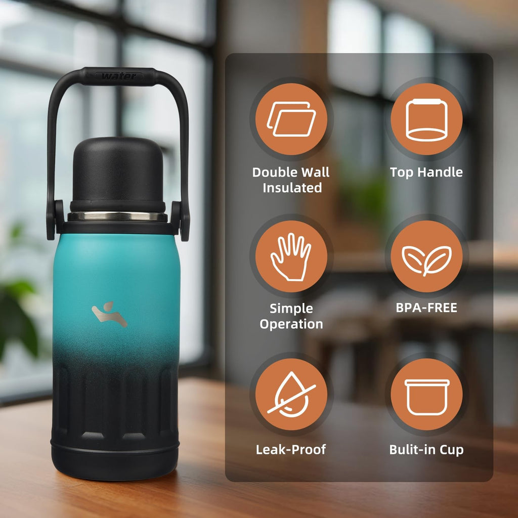 27 OZ Thermo Coffee Cup, Insulated Water Bottle w/ Lid, Teal/Black