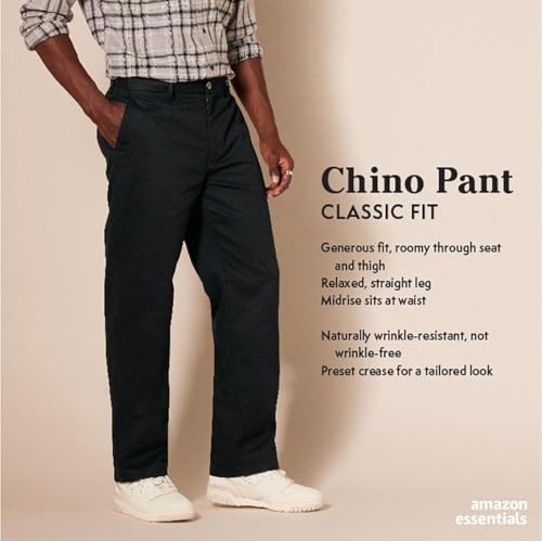 Men's Black Chino Pant, Classic-Fit, 34W x 30L, Wrinkle-Resistant