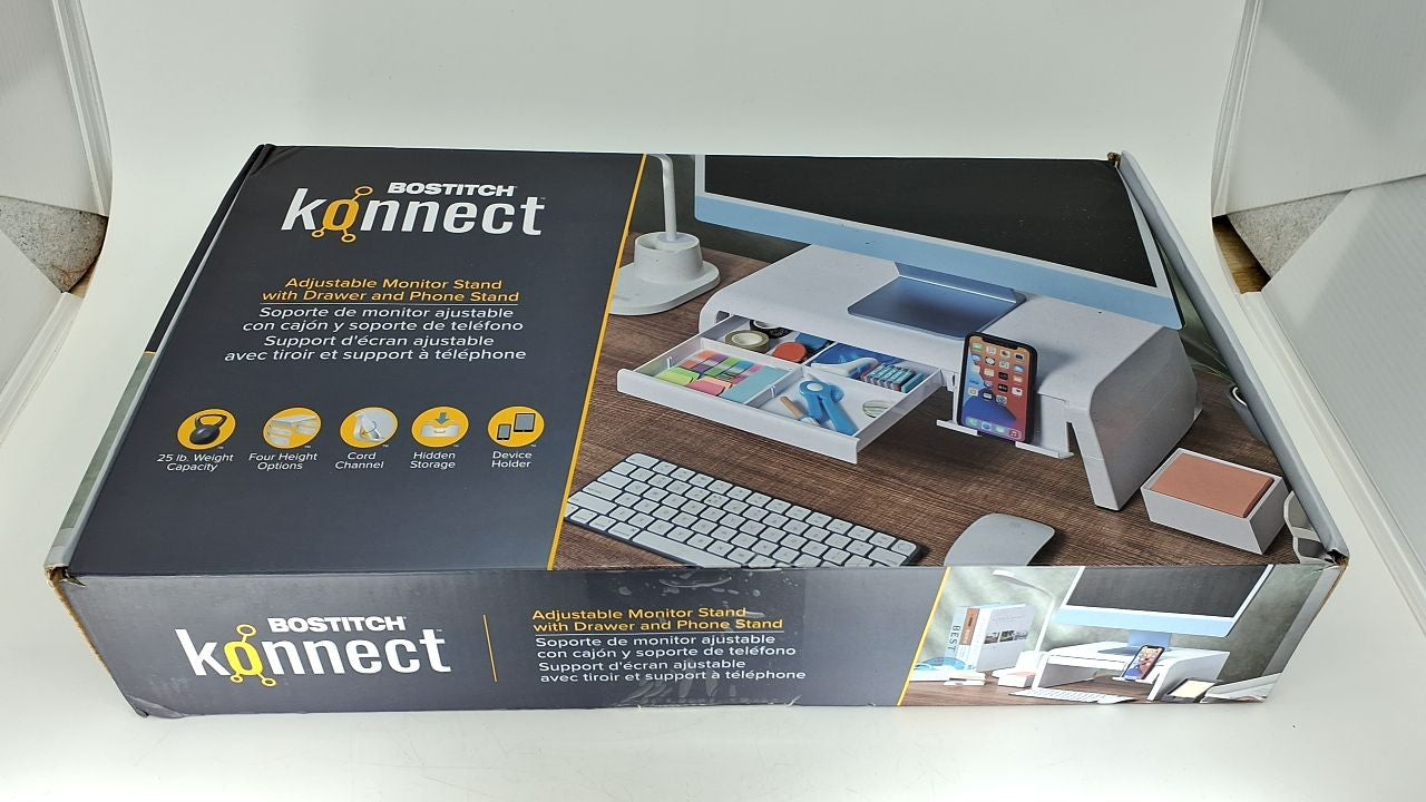 Adjustable Monitor Riser w/ Drawer, Phone Holder & Rubber Feet - White