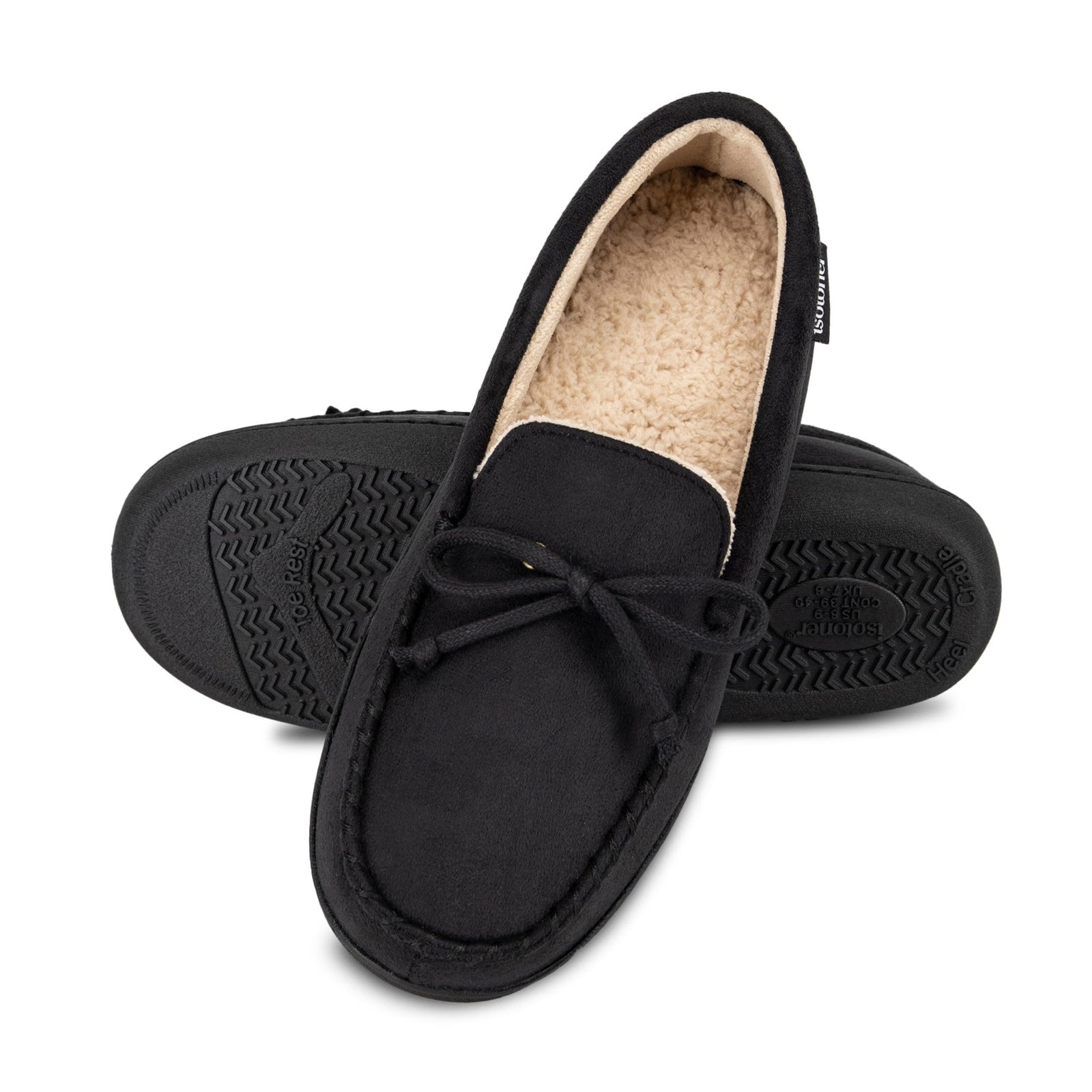 Indoor/Outdoor Black Moccasin Slippers, Memory Foam, Arch Support, Size 11-12