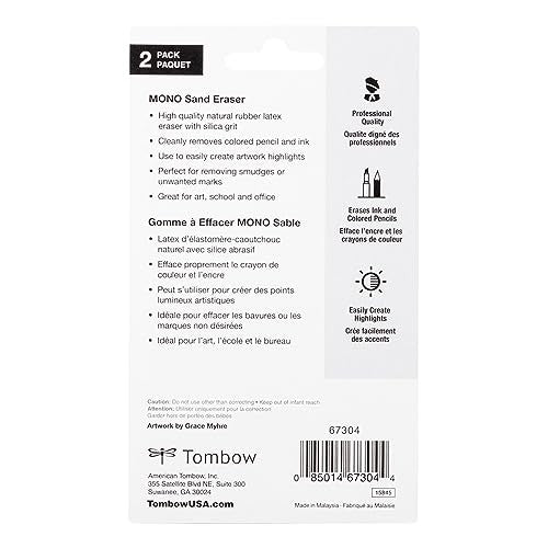 2-Pack Tombow Mono Sand Eraser, Silica Eraser for Ink & Pencil Marks