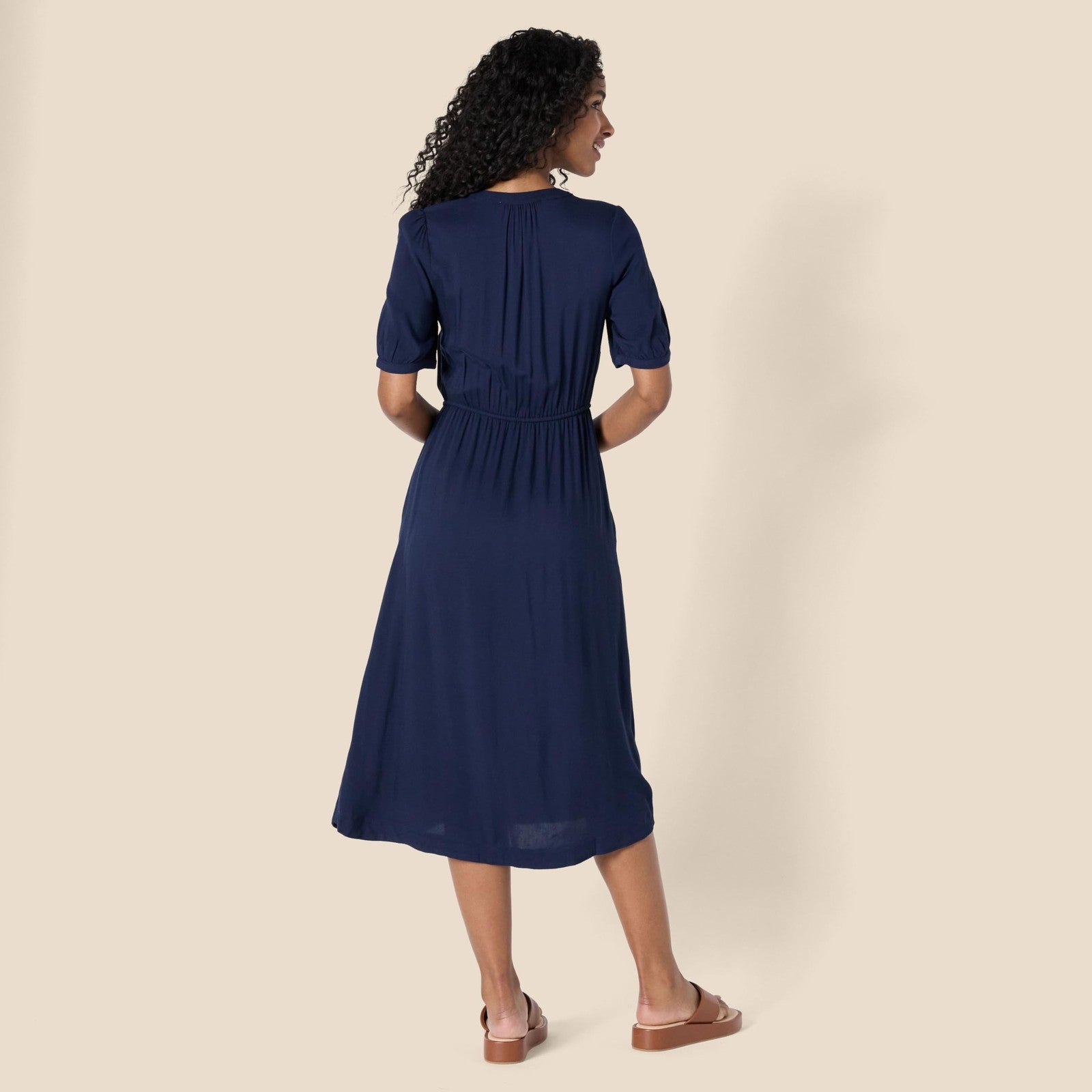 Casual Navy Midi Dress, Large, Half Sleeve, Fit & Flare, Pockets