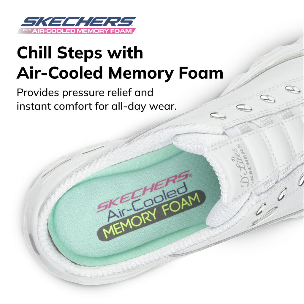 Skechers womens Bright Sky clogs and mules shoes, White/Silver, 9 US