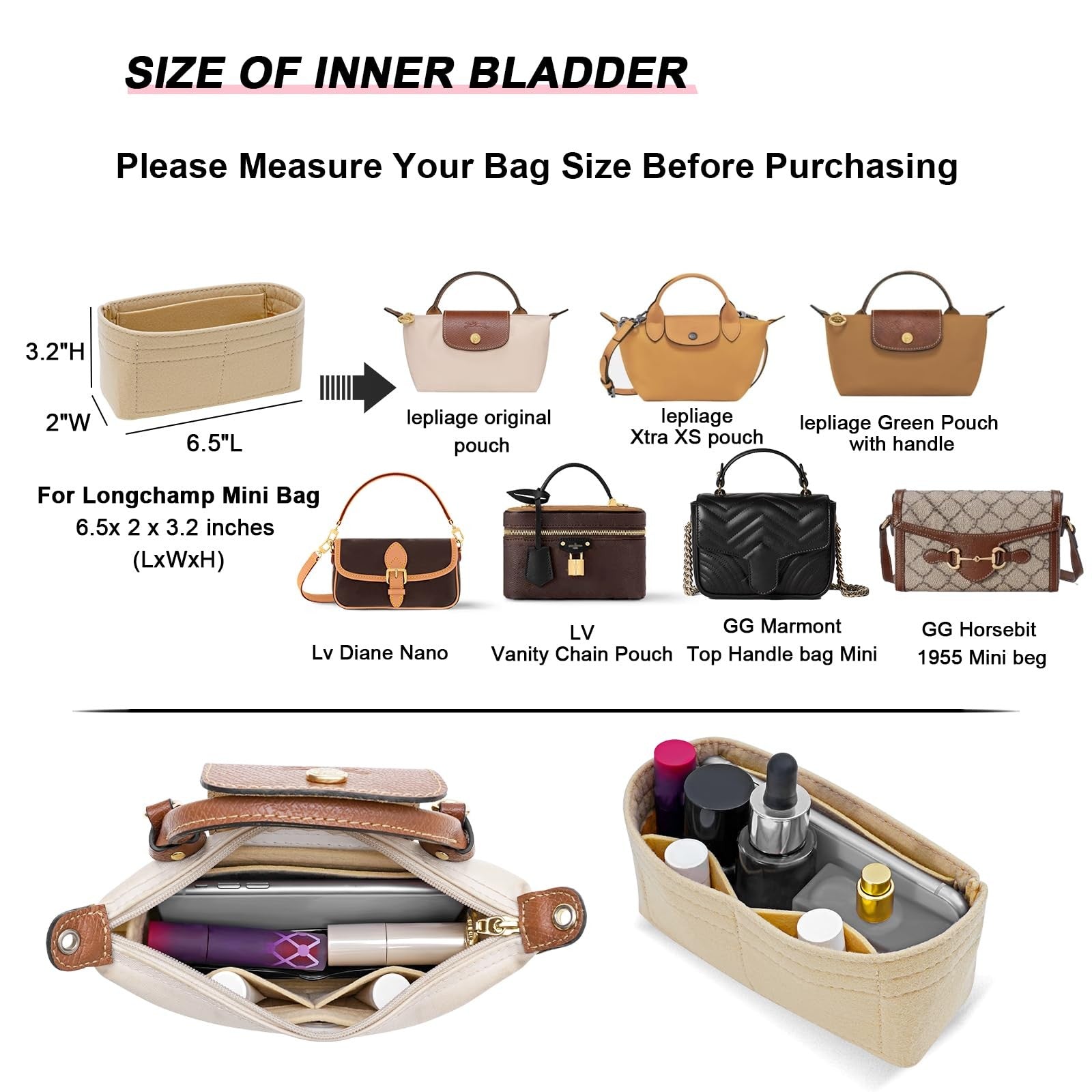 Mini Handbag Organizer Insert for Longchamp XS - Felt, Beige