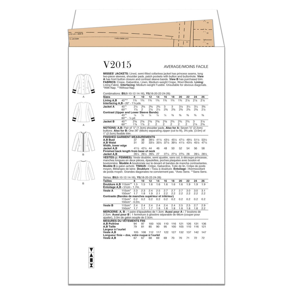 Vogue V2015 Semi-Fitted Jacket Sewing Pattern Sizes 18-26 Multicolor