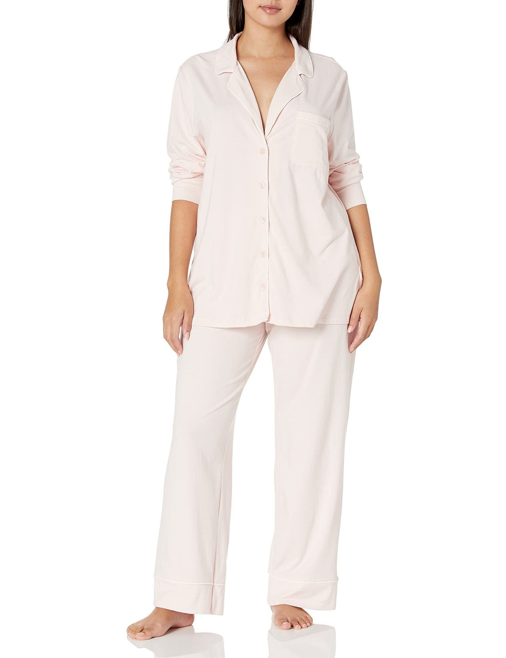 Pale Pink Cotton Modal Pajama Set, Long Sleeve Top & Full-Length Pants, S