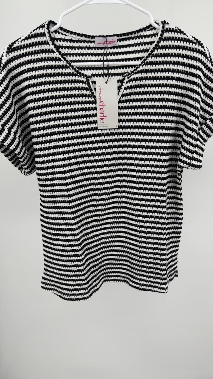 Striped Notched Short Sleeve T-Shirt