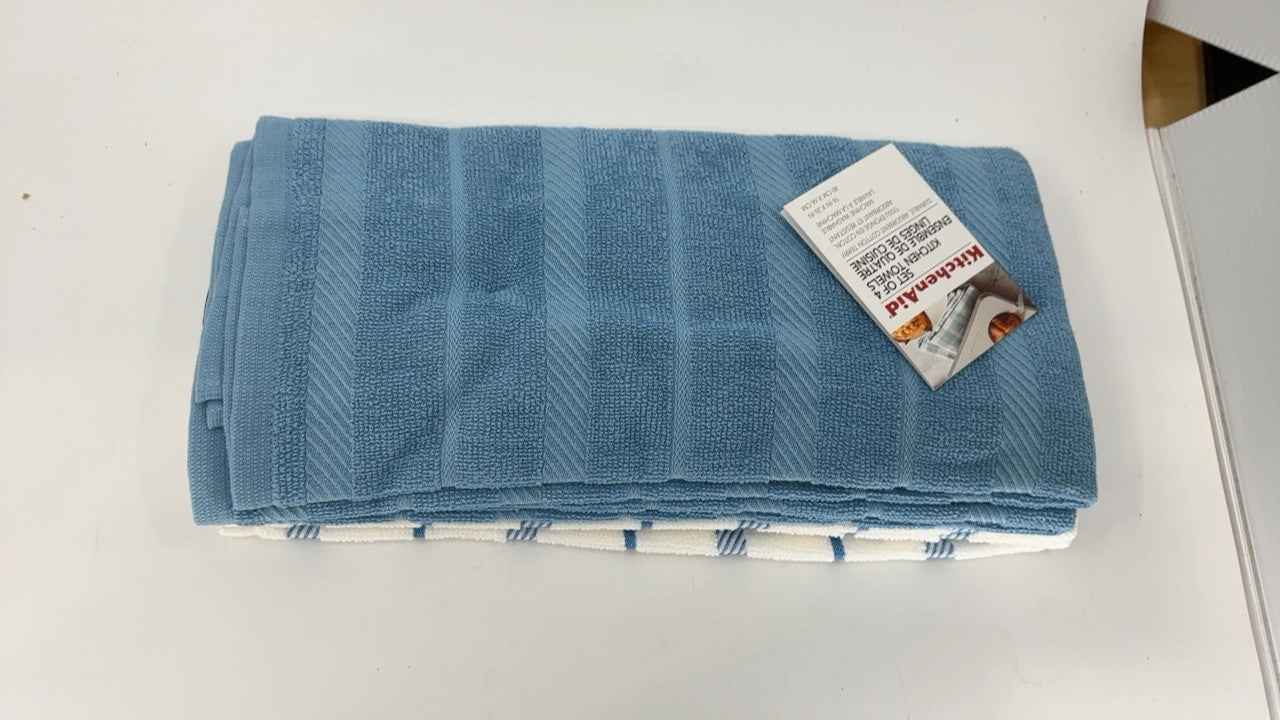KitchenAid Albany Kitchen Towel 4-Pack Set, Blue Velvet/White, 16"x26"