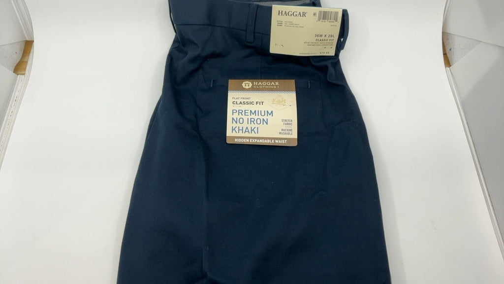 Haggar 36W x 29L Dark Navy No Iron Khaki Flat Front Dress Pants