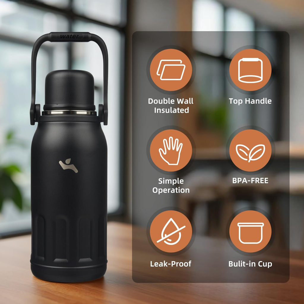 Konokyo 40 OZ Vacuum Water Bottle, Black, Stainless Steel