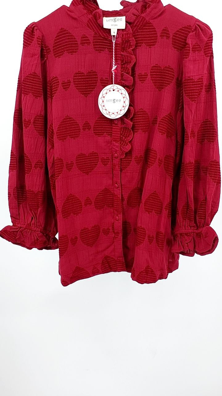 Umgee Heart Jacquard Ruffle Trim Shirt