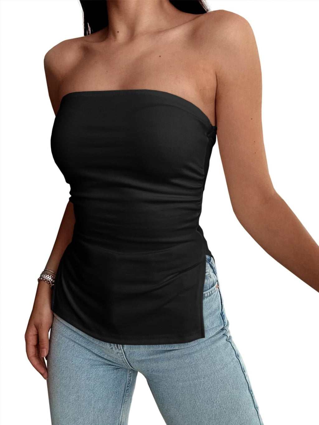 Womens Black Tube Top Strapless Split Hem Fitted Size Large