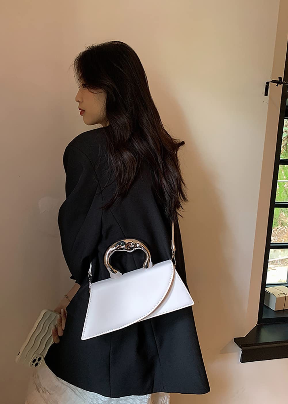 Small Silver Crossbody Handbag Faux Leather Y2K Tote for Women