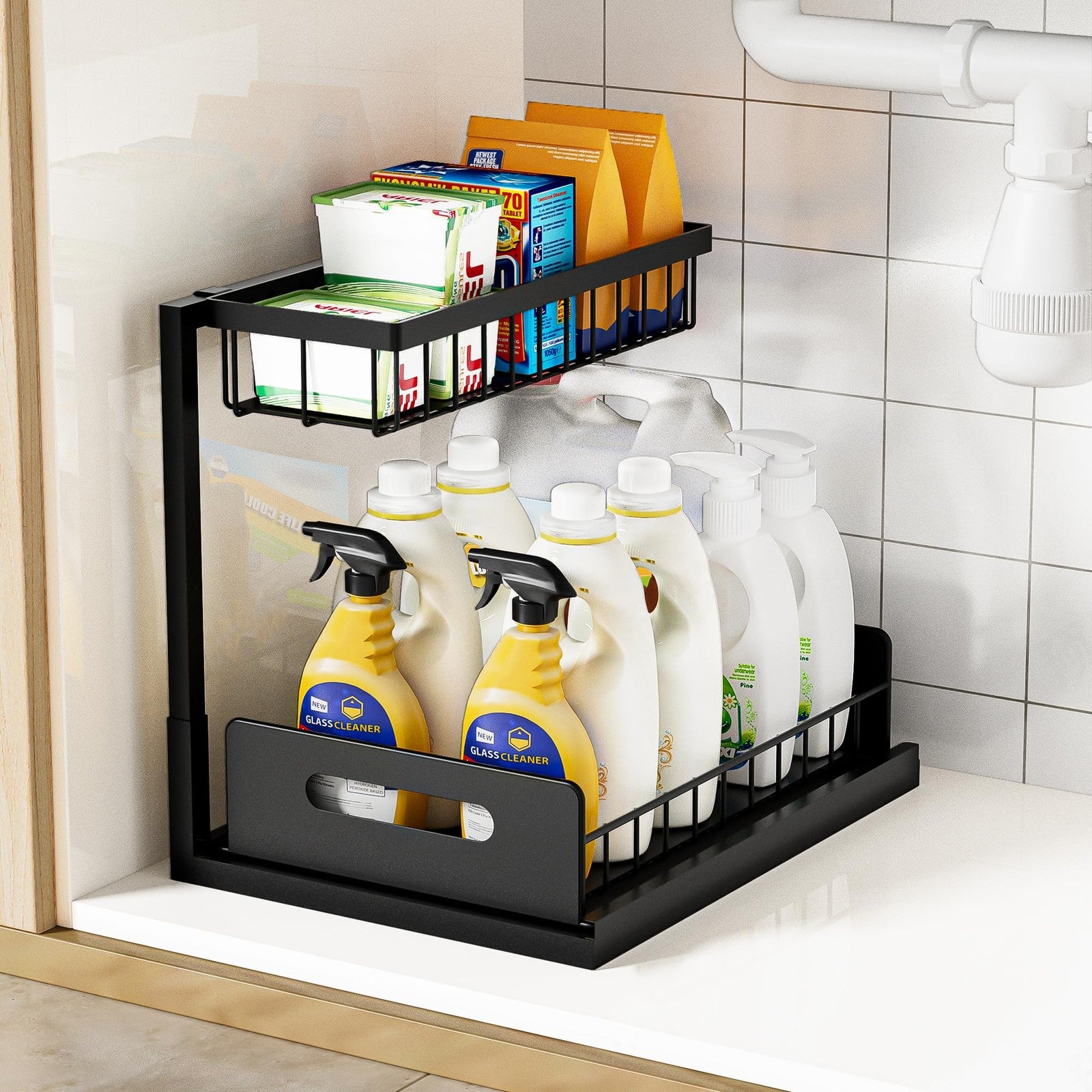 2-Tier Under Sink Organizer Pull Out Shelf Black