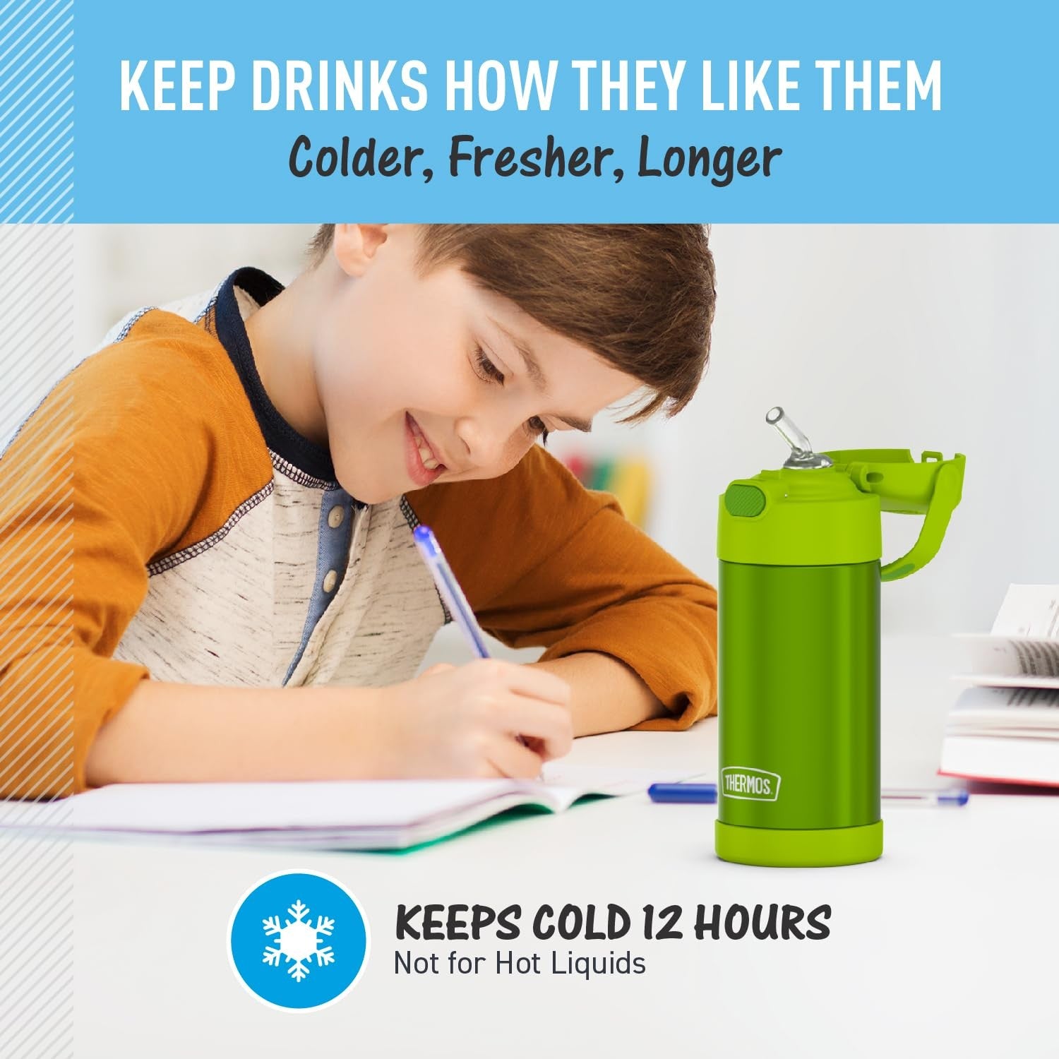 Lime 12oz Thermos FUNtainer Kids Water Bottle w/ Straw, Stainless Steel