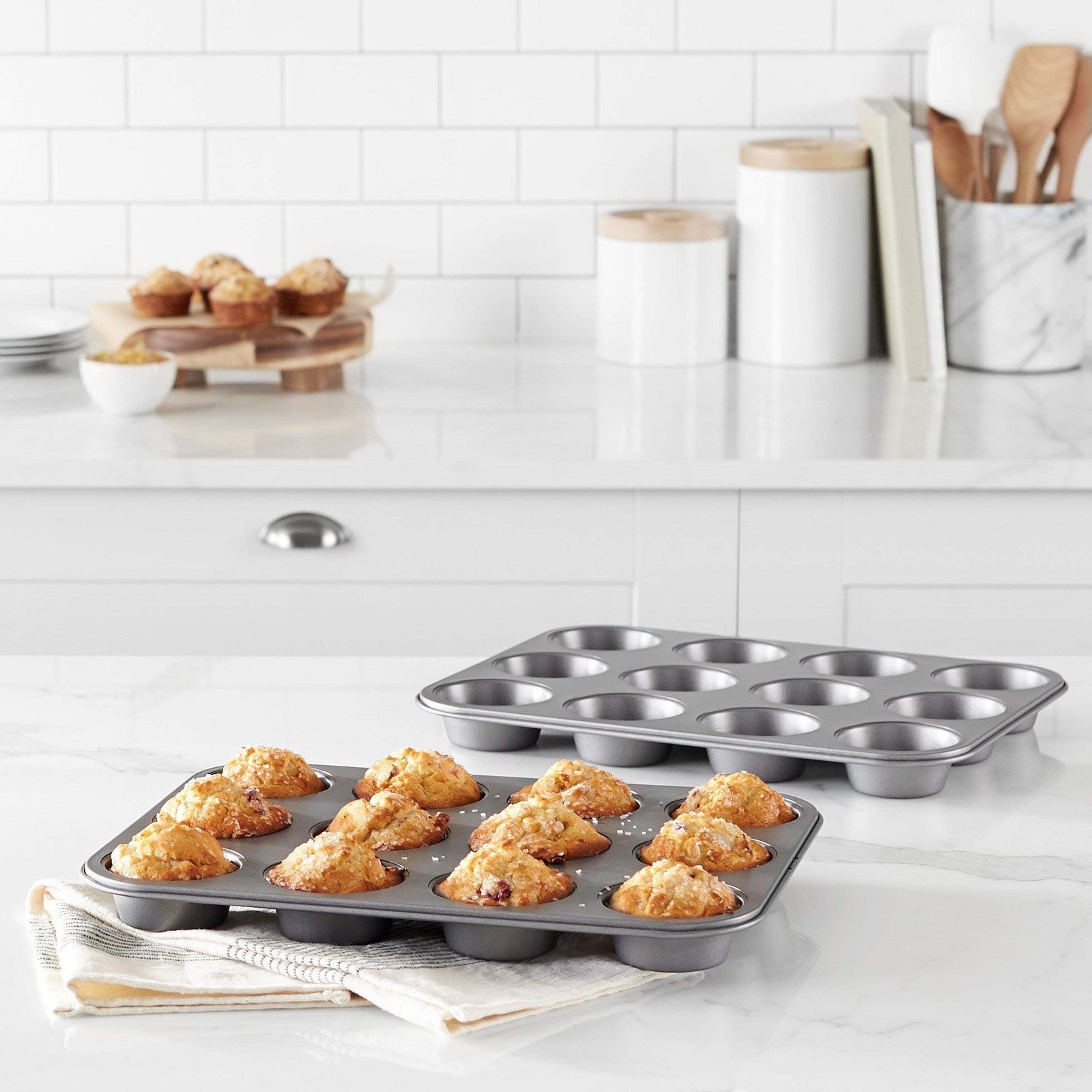 Set of 2 Nonstick Muffin Baking Pans, 12 Cups, Gray, 13.9x10.55 in