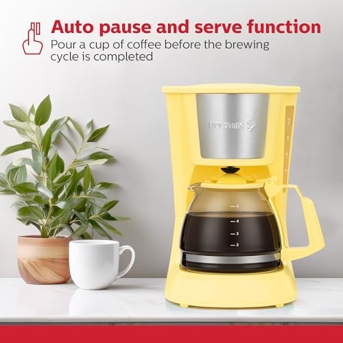 5 Cup Drip Coffee Maker, Yellow, Compact Design w/ Auto Pause & Serve