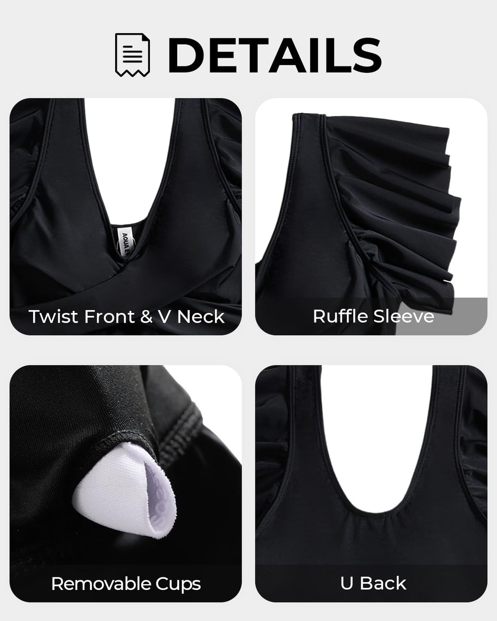 Aqua Eve Women's Tankini Swim Top, Black Ruffle Sleeves, Size M