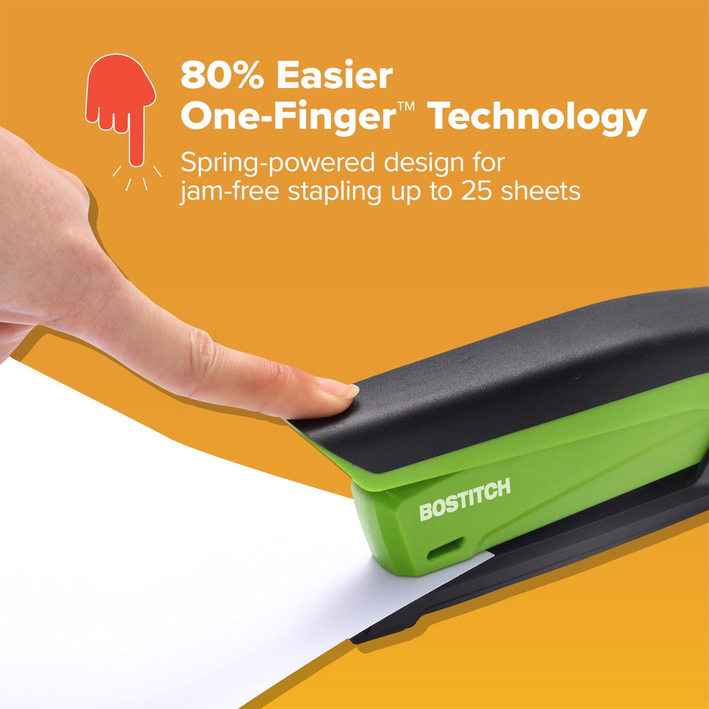 One Finger Spring Stapler, 20 Sheet Capacity, Green, Jam-Free Performance
