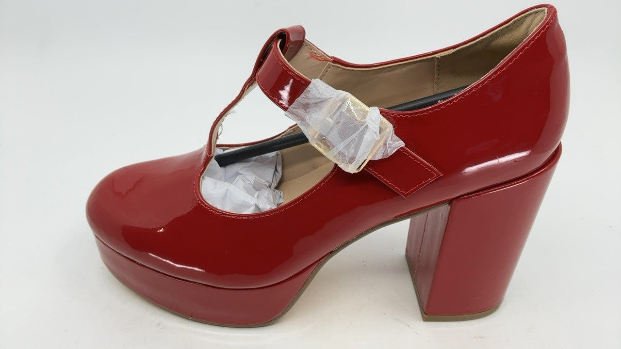 T-Strap Mary Jane Platform Heels, Size 7, Wine Red, Chunky Heel