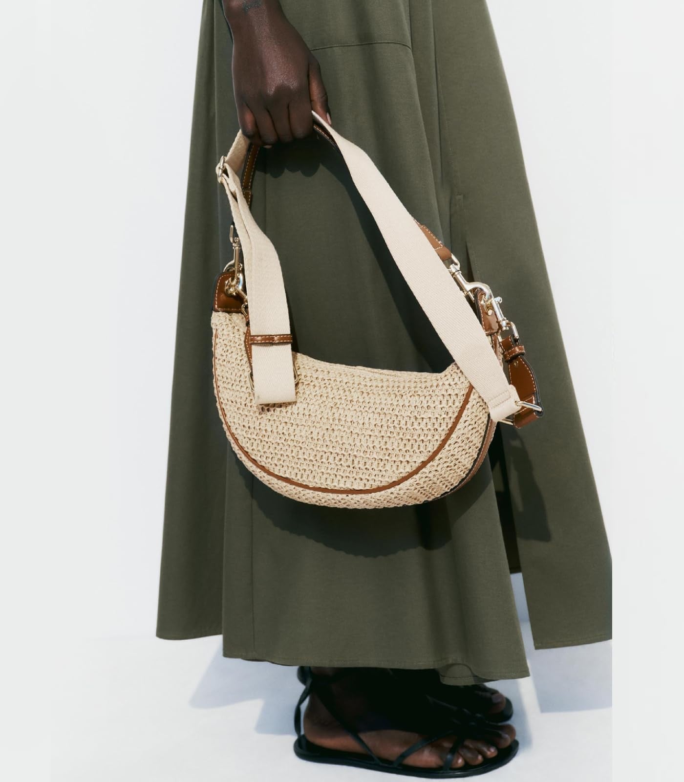 Khaki Straw Crossbody Bag for Women w/ Adjustable Strap - Summer Chic