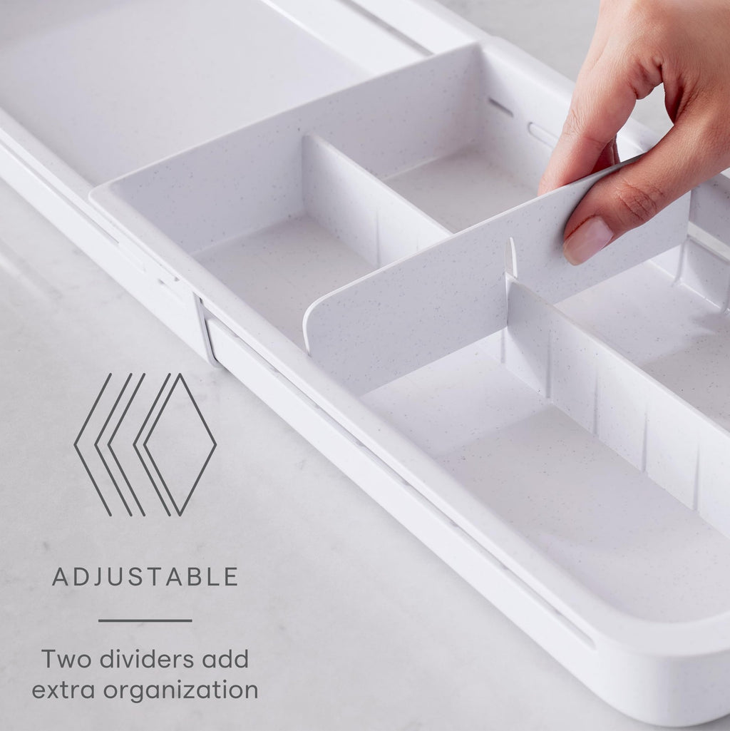 Adjustable Divided Drawer Tray, Expandable Kitchen Storage, Speckled White