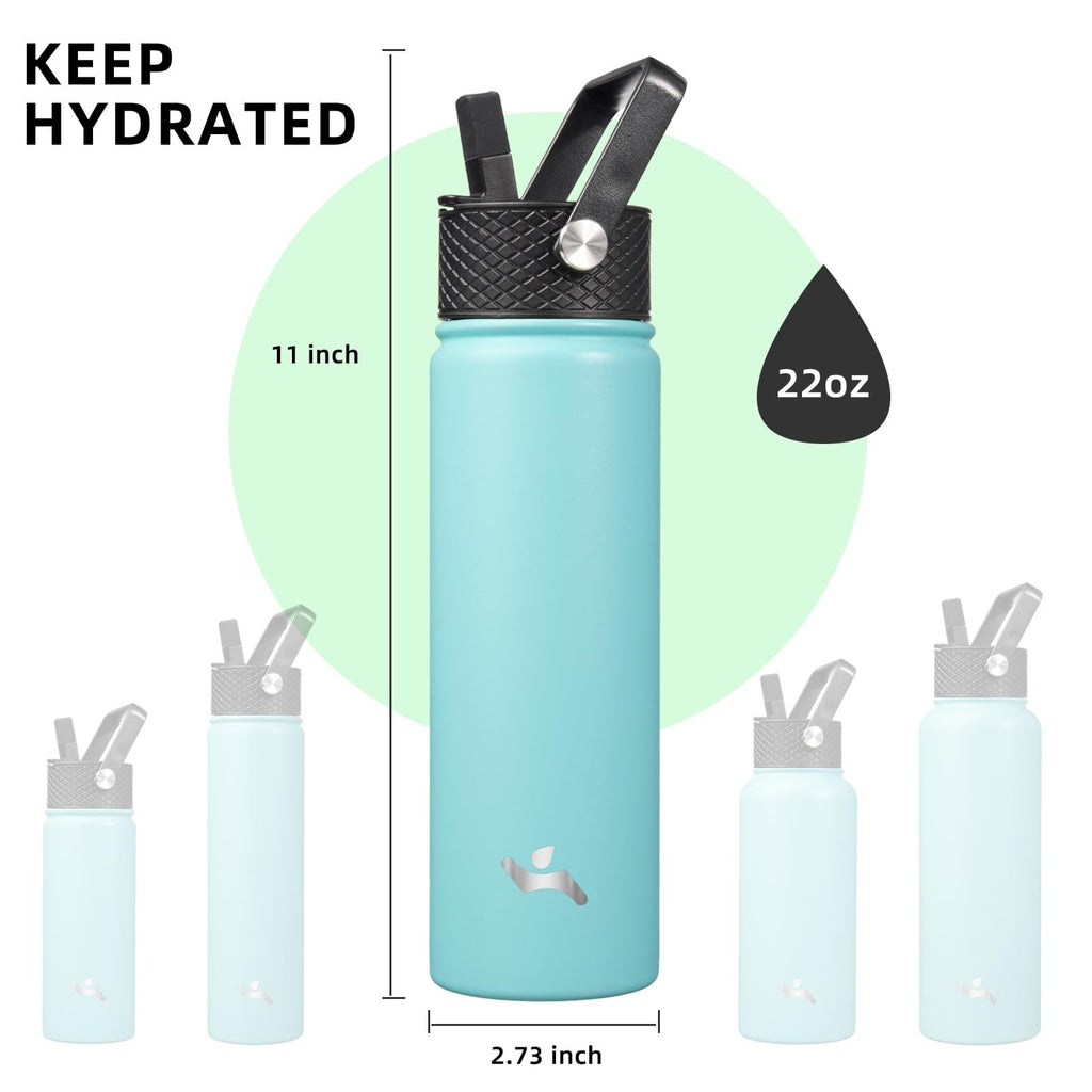 22oz Stainless Steel Insulated Water Bottle w/ 3 Lids, Turquoise
