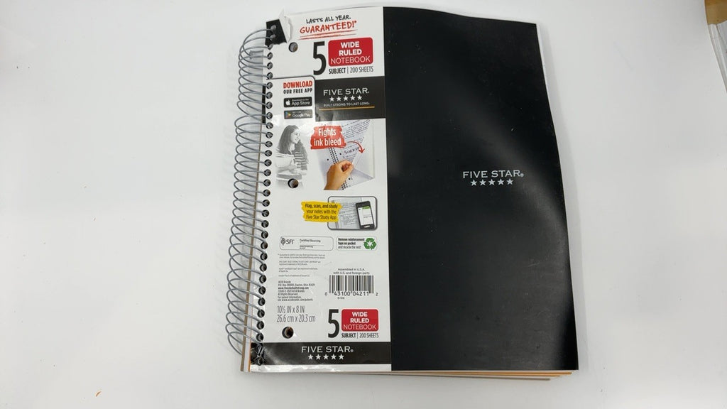 Five Star 5 Subject Spiral Notebook, Wide Ruled, 200 Sheets, Black