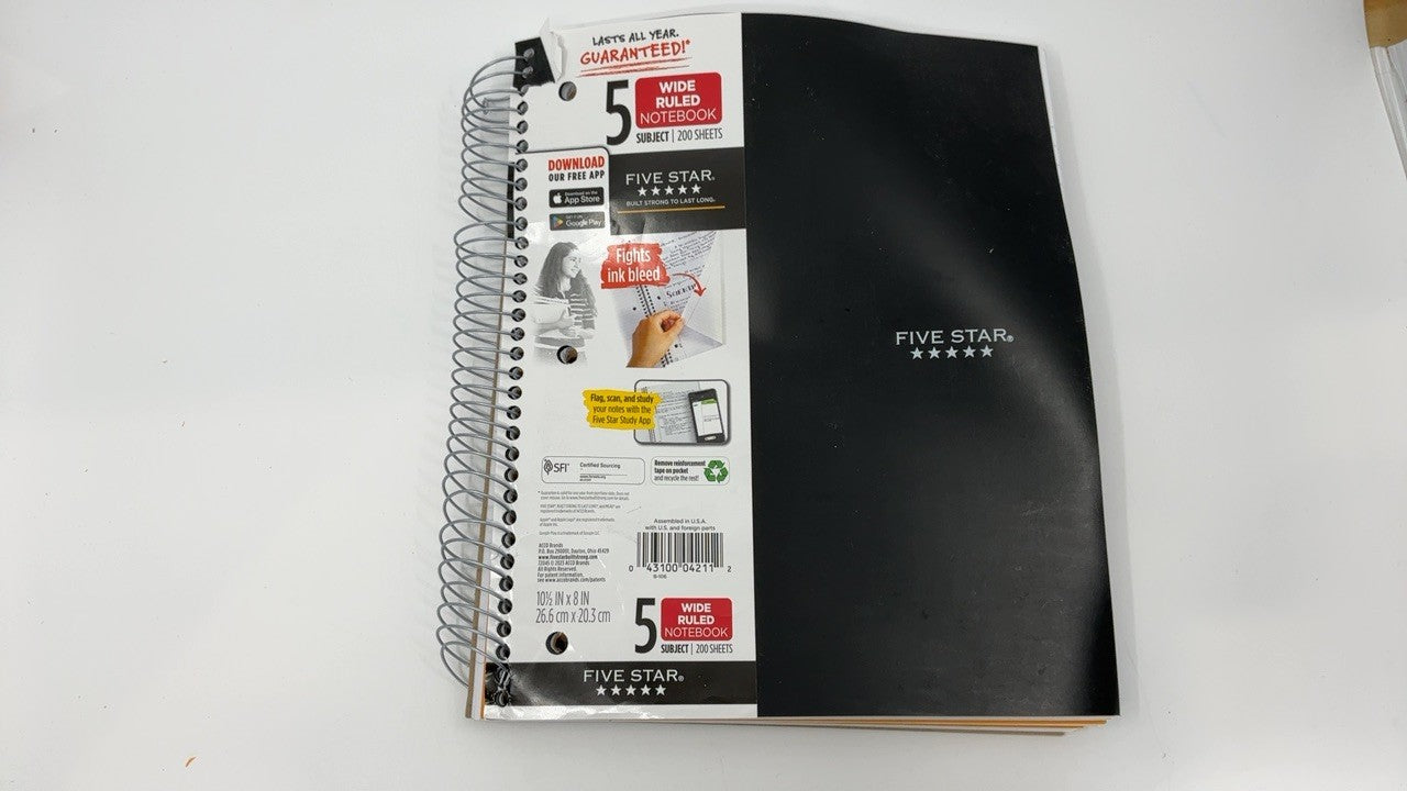 Five Star 5 Subject Spiral Notebook, Wide Ruled, 200 Sheets, Black