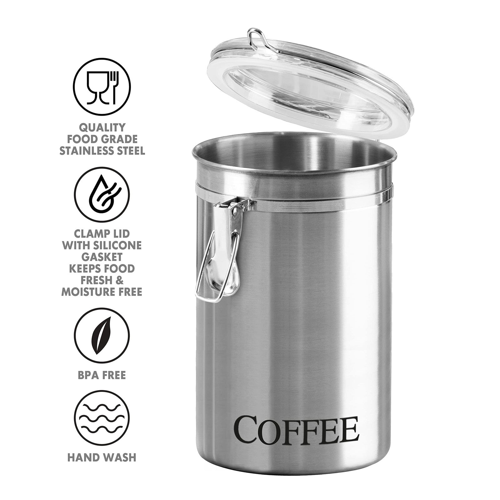 Oggi Stainless Steel Coffee Canister 62 Fl Oz Airtight Clamp Lid