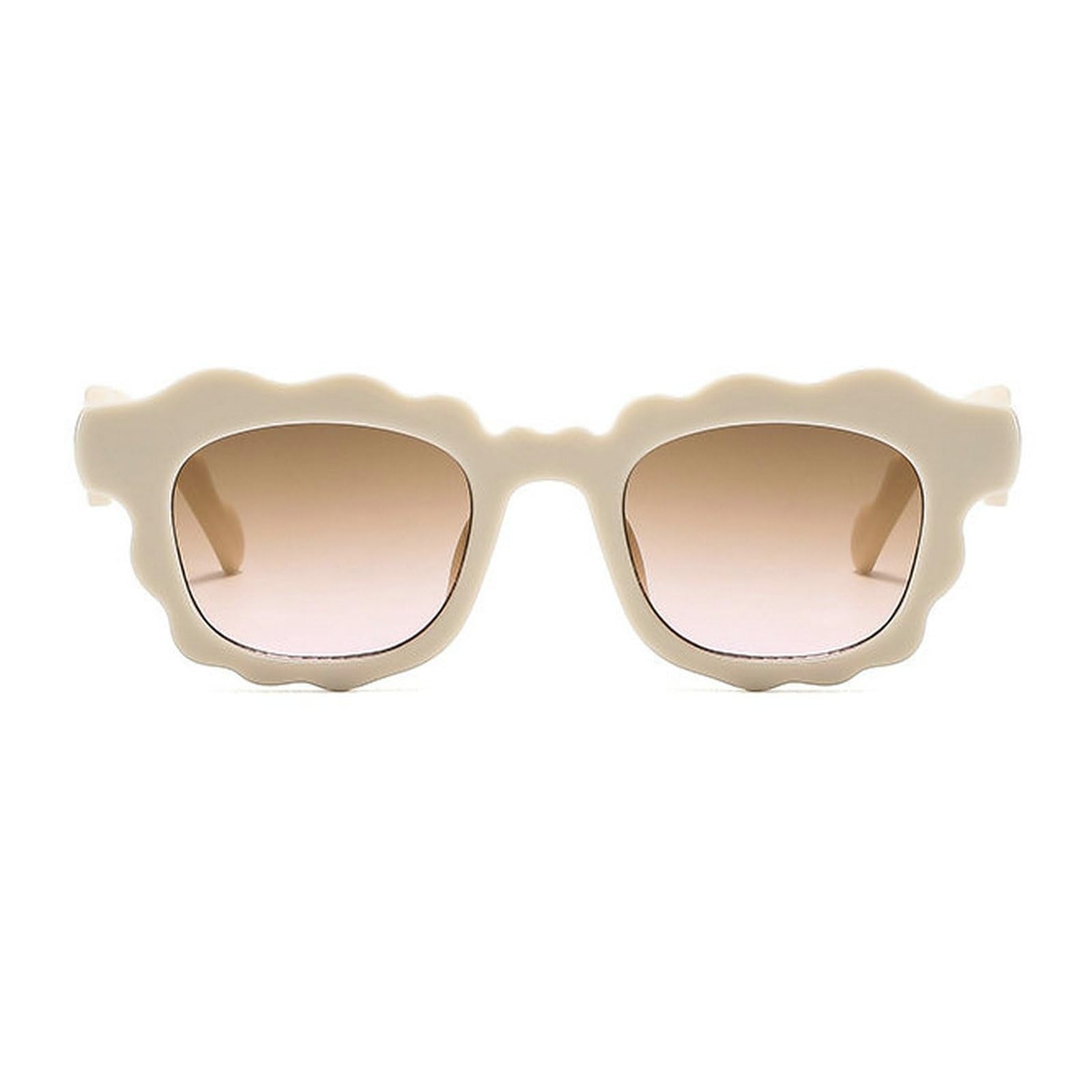 Beige Square Sunglasses w/ Irregular Wave-Shaped Frames for Women & Men