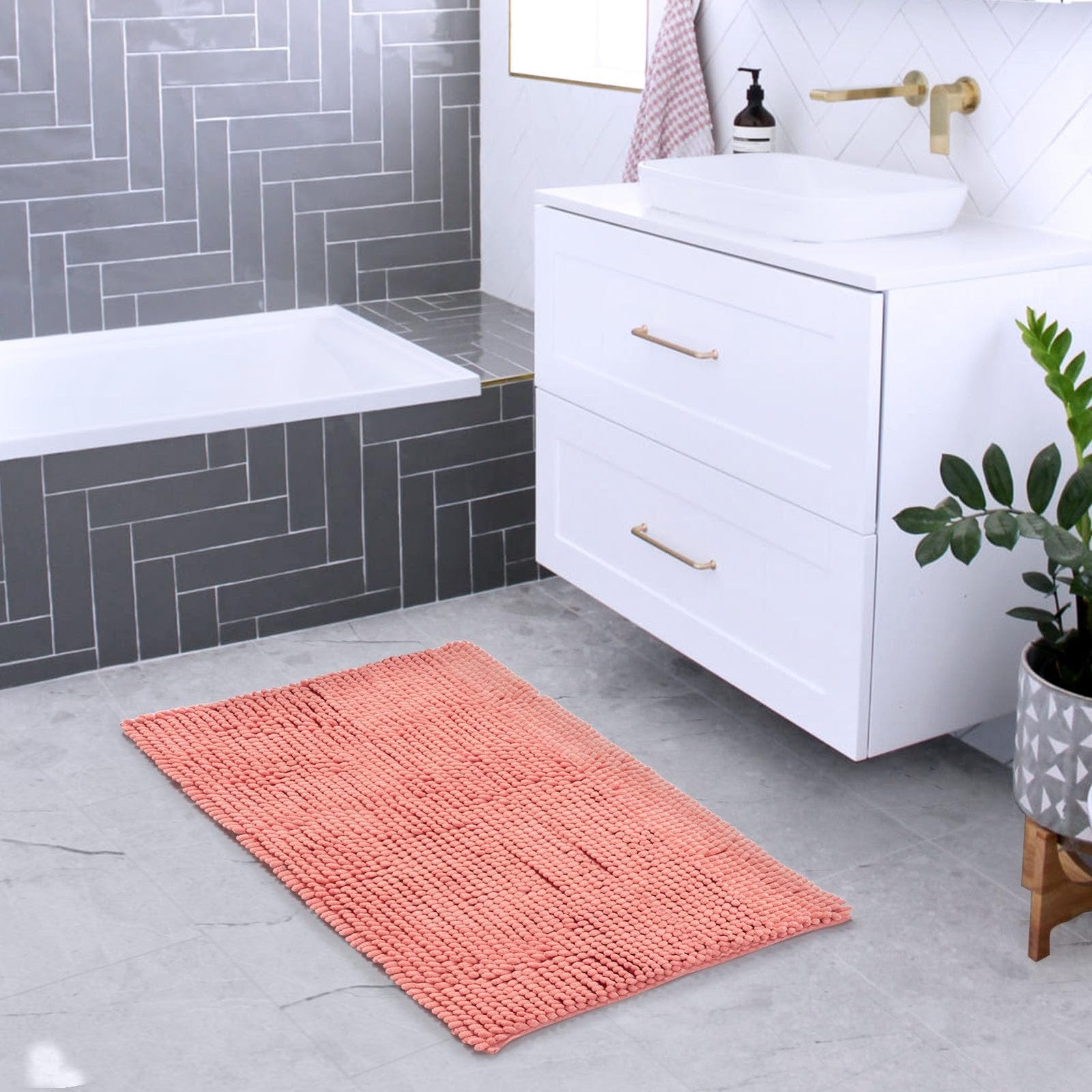 Non-Slip Chenille Bath Mat 24x17 in Coral, Quick Dry & Durable