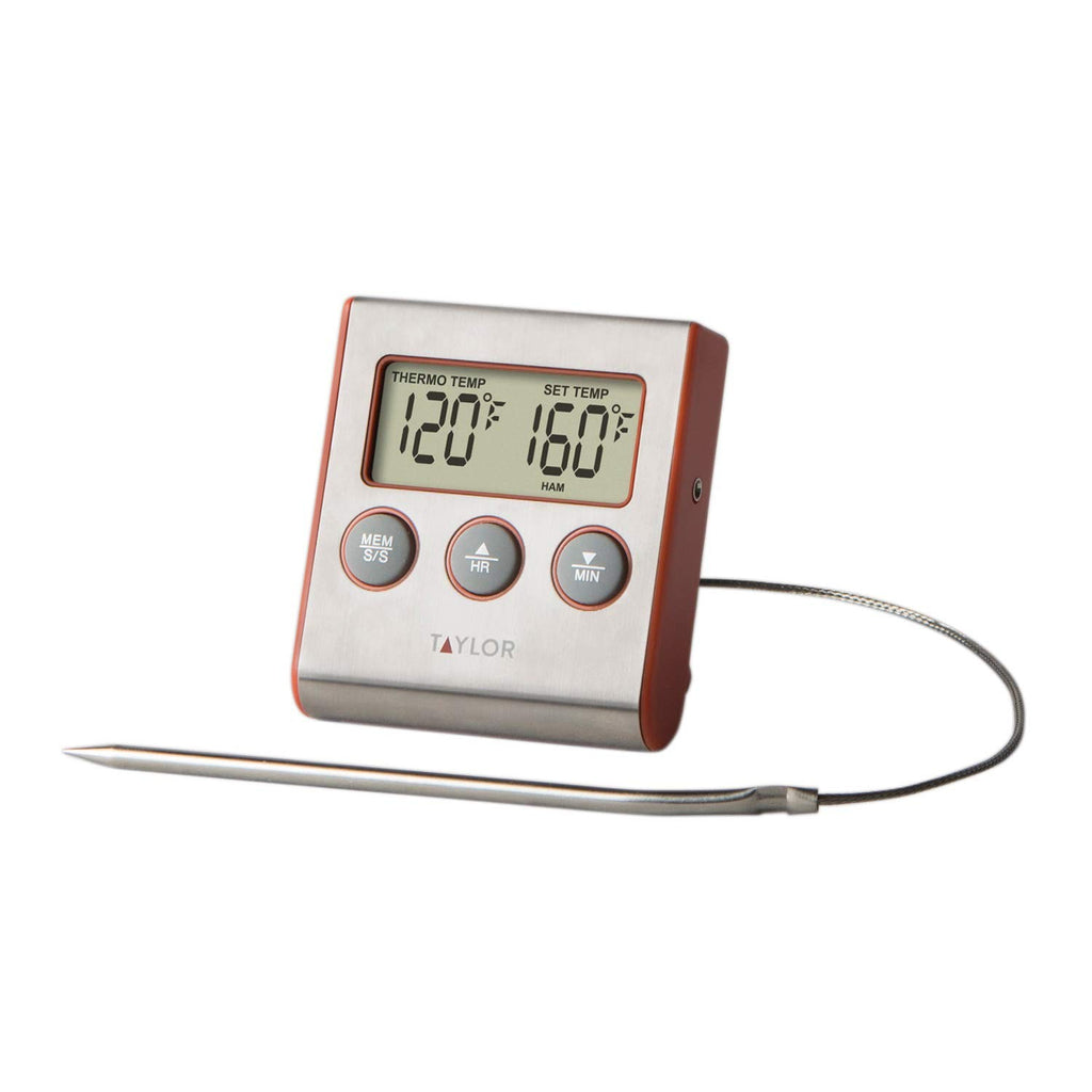 Wired Probe Cooking Thermometer w/ Timer Alarm, Red Steel Design