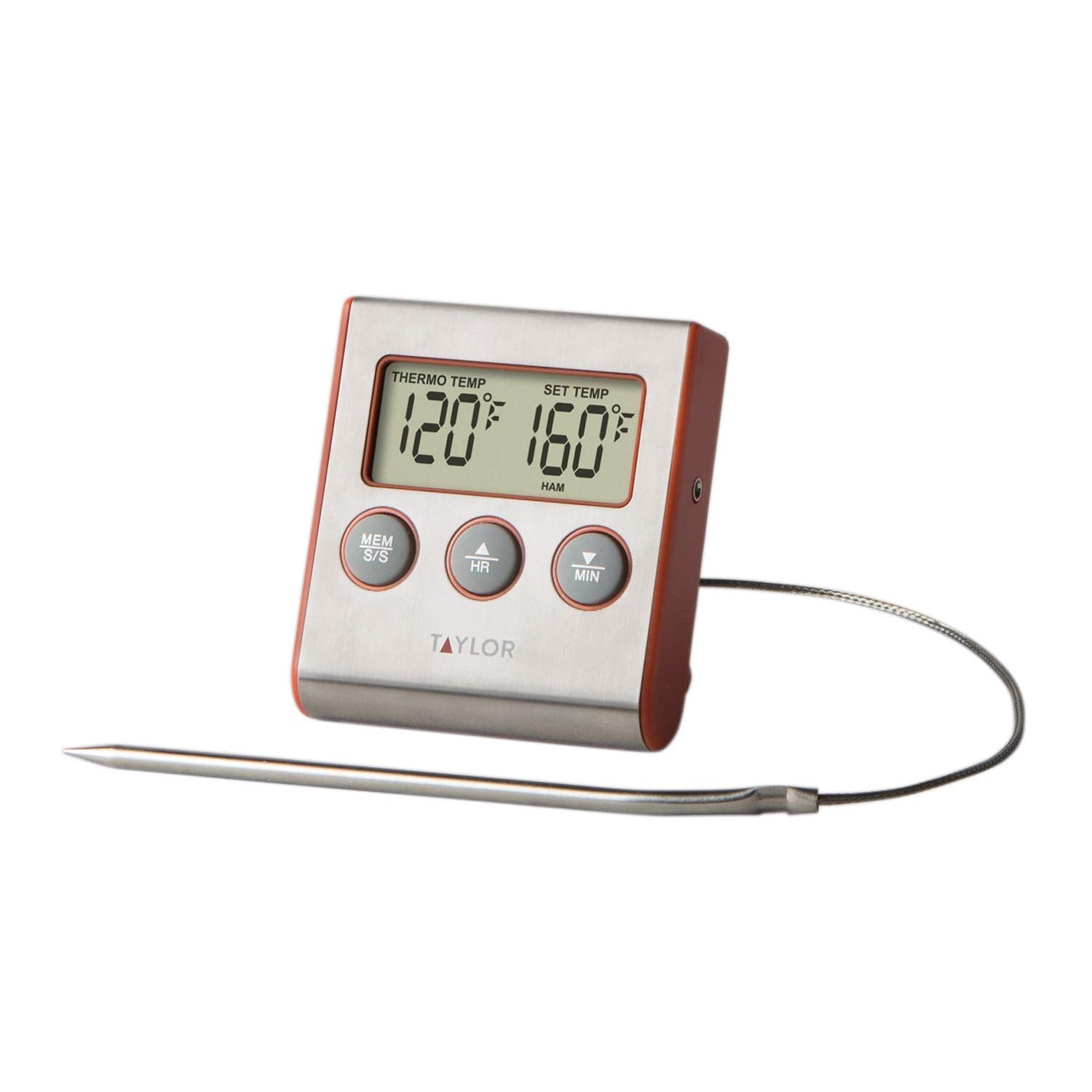 Wired Probe Cooking Thermometer w/ Timer Alarm, Red Steel Design