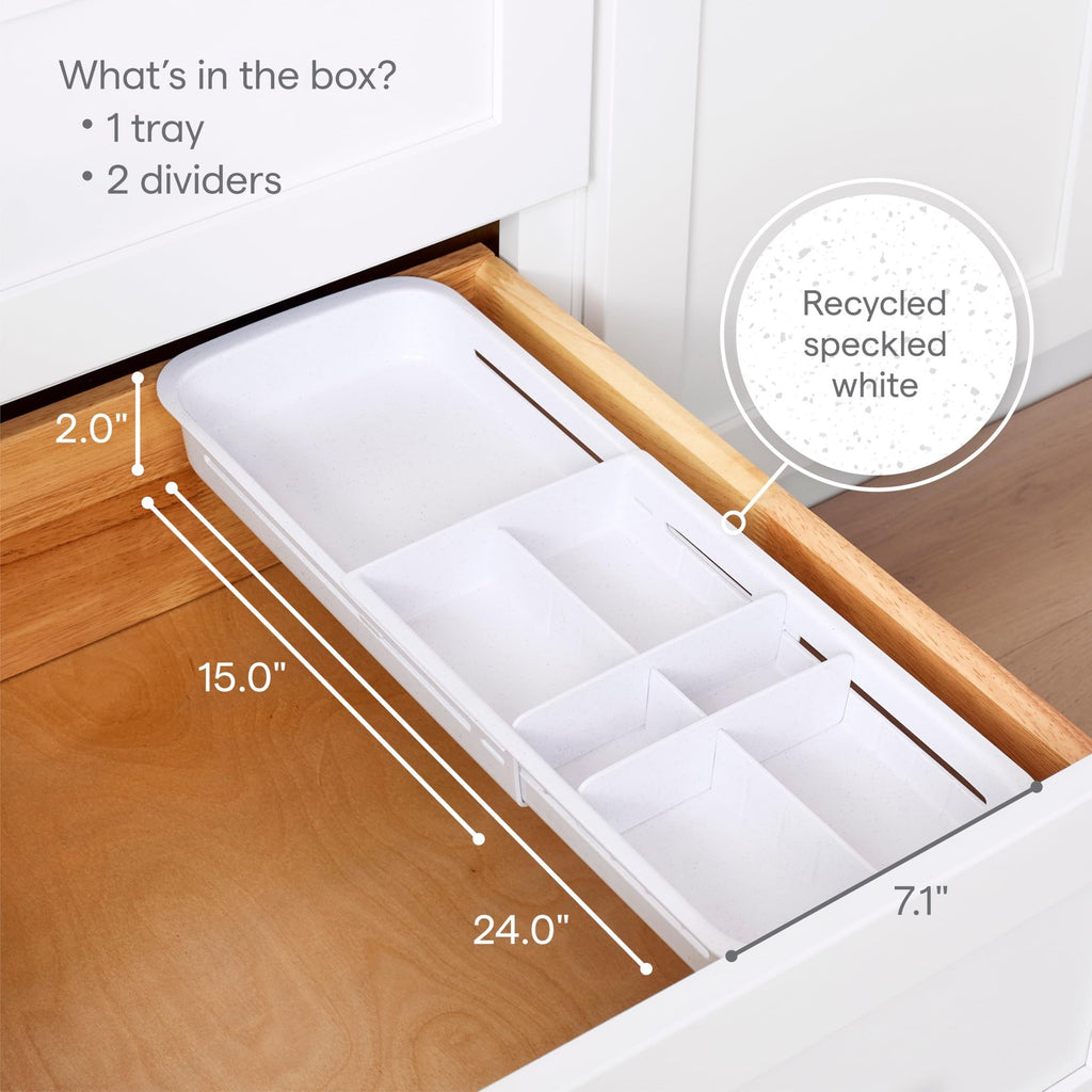 Adjustable Divided Drawer Tray, Expandable Kitchen Storage, Speckled White