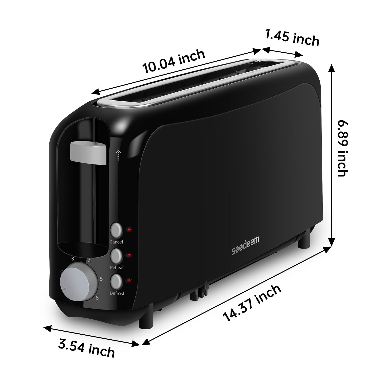 2 Slice Toaster, 10" Long Slot, Black, Cancel/Reheat/Defrost Function
