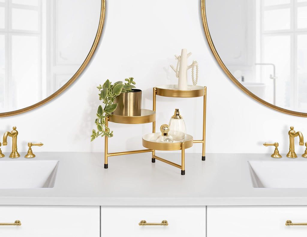 Compact 3-Tier Plant Stand 7.25in White/Gold Metal Decorative Tabletop