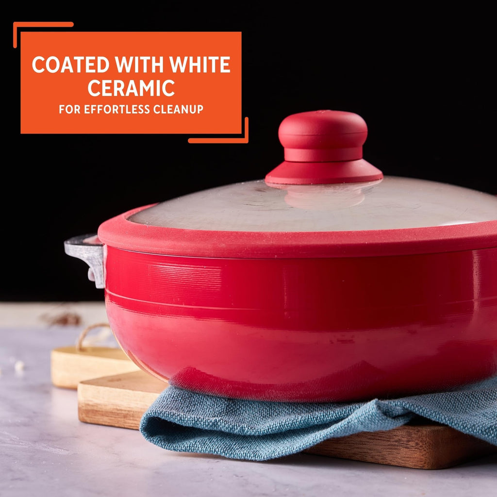 IMUSA 3.2Qt Red Ceramic Nonstick Caldero w/ Glass Lid & Silicone Rim