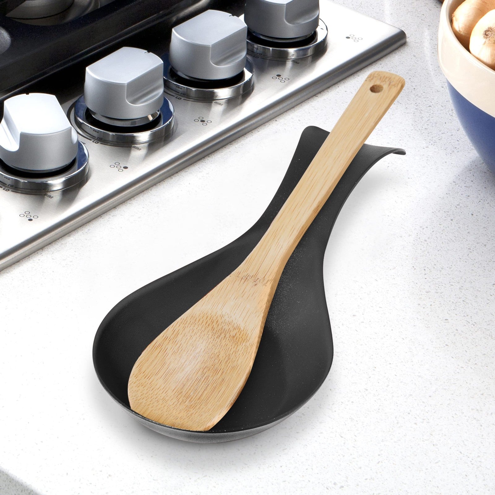 Stainless Steel Spoon Rest w/ Long Handle, Black Kitchen Utensil Holder