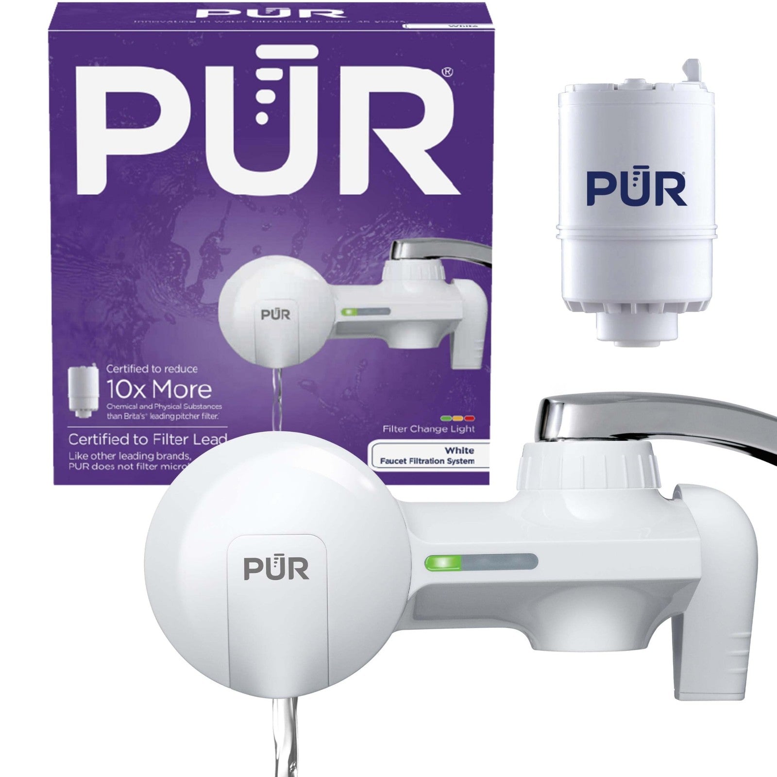 PUR Water Filtration System, Faucet Mount, White, Lead Reduction, 100 Gal