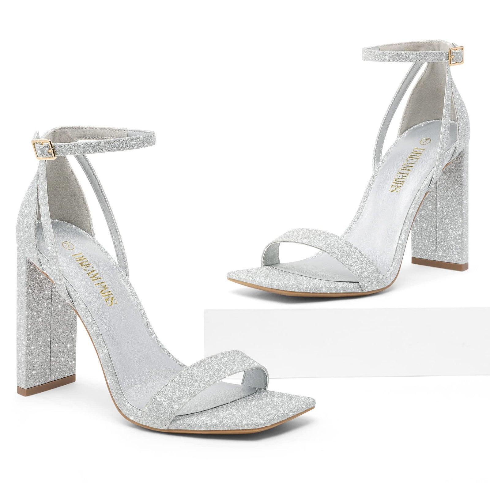 Chunky Block Square Toe Heels Sandals, Size 5.5, Silver