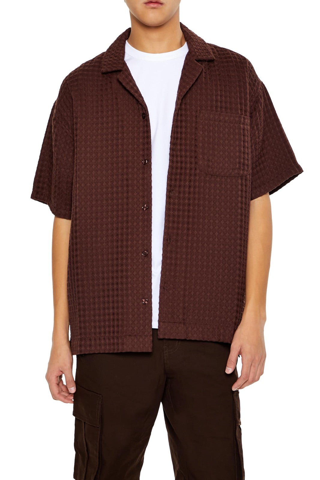 Forever 21 Men's Waffle Knit Cuban Collar Shirt Dark Cocoa X-Large