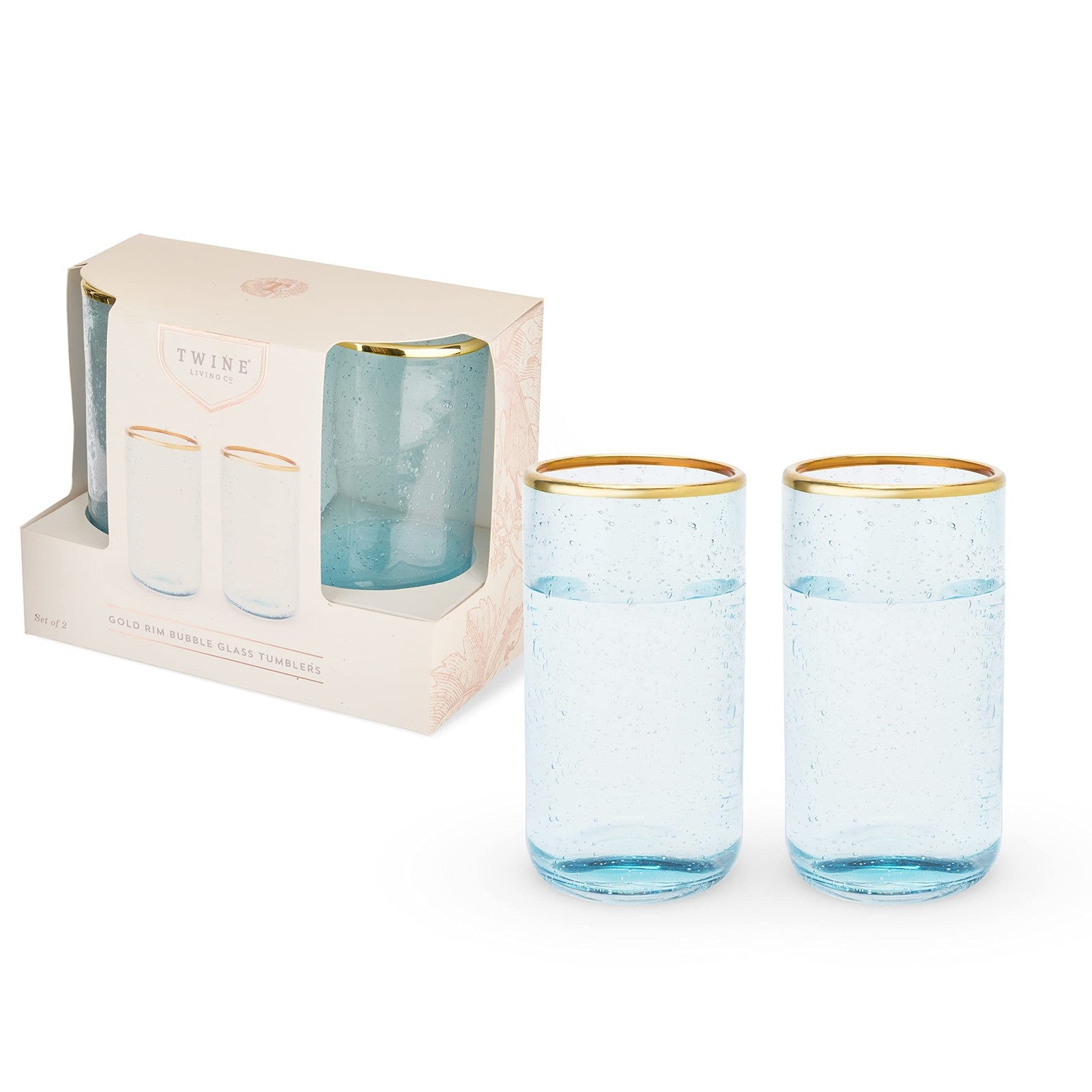 16 oz Blue Aqua Glass Tumblers Set of 2, Gold Rimmed Drinkware