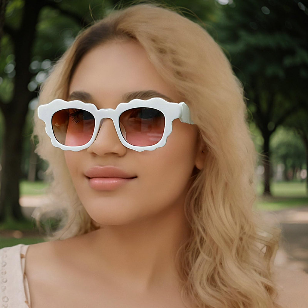 Beige Square Sunglasses w/ Irregular Wave-Shaped Frames for Women & Men