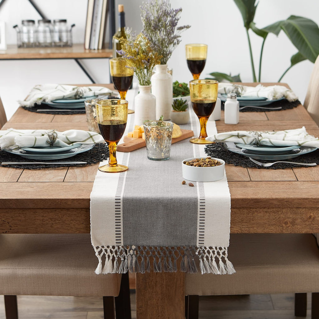 Dobby Stripe Table Runner 13x108in Cool Gray Cotton W/ Fringe