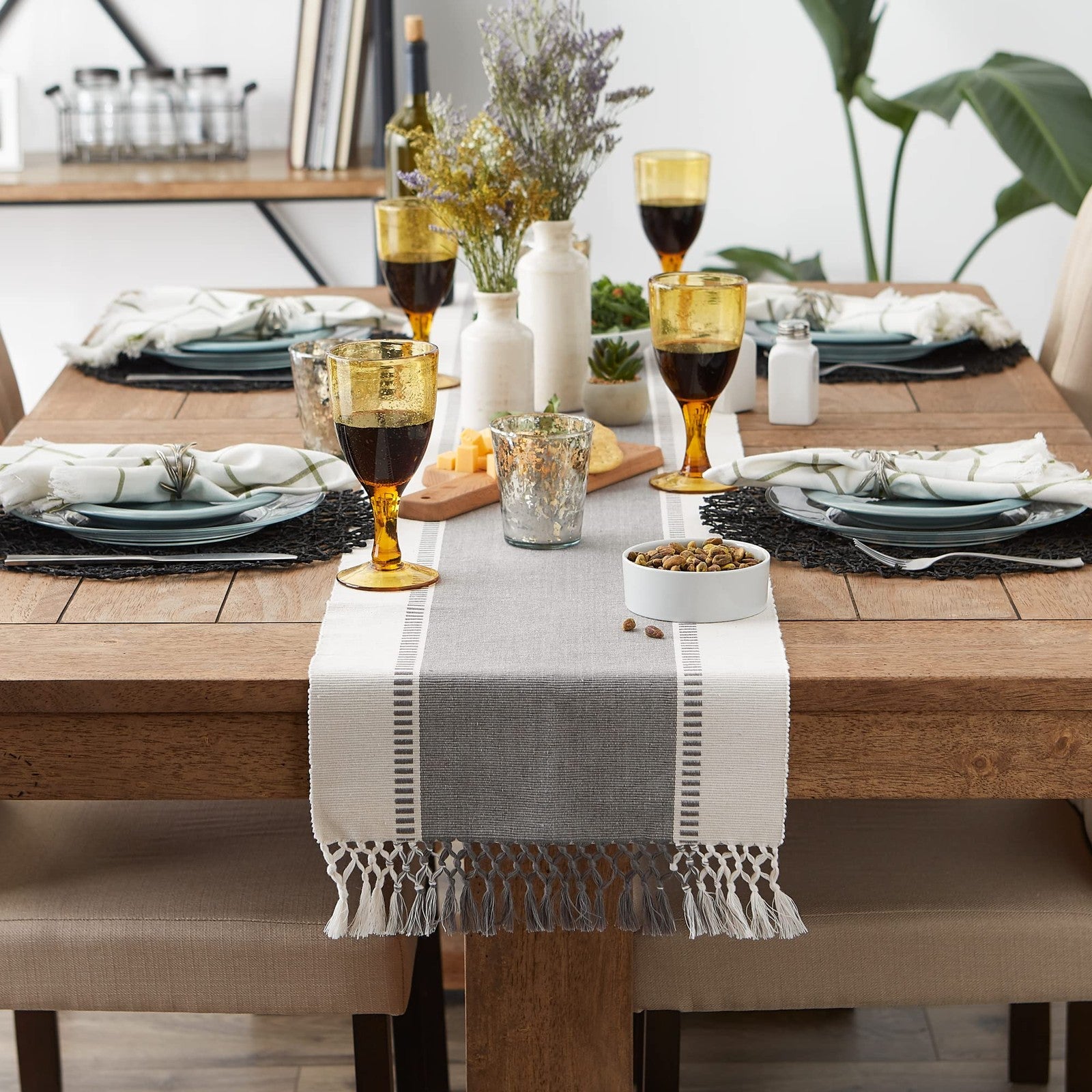 Dobby Stripe Table Runner 13x108in Cool Gray Cotton W/ Fringe