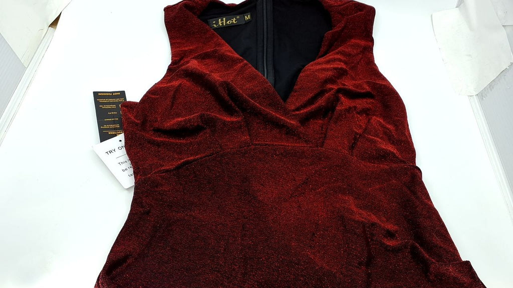 Women’s Sleeveless V Neck Bodycon Dress, Glitter Cocktail, Wine Red, M