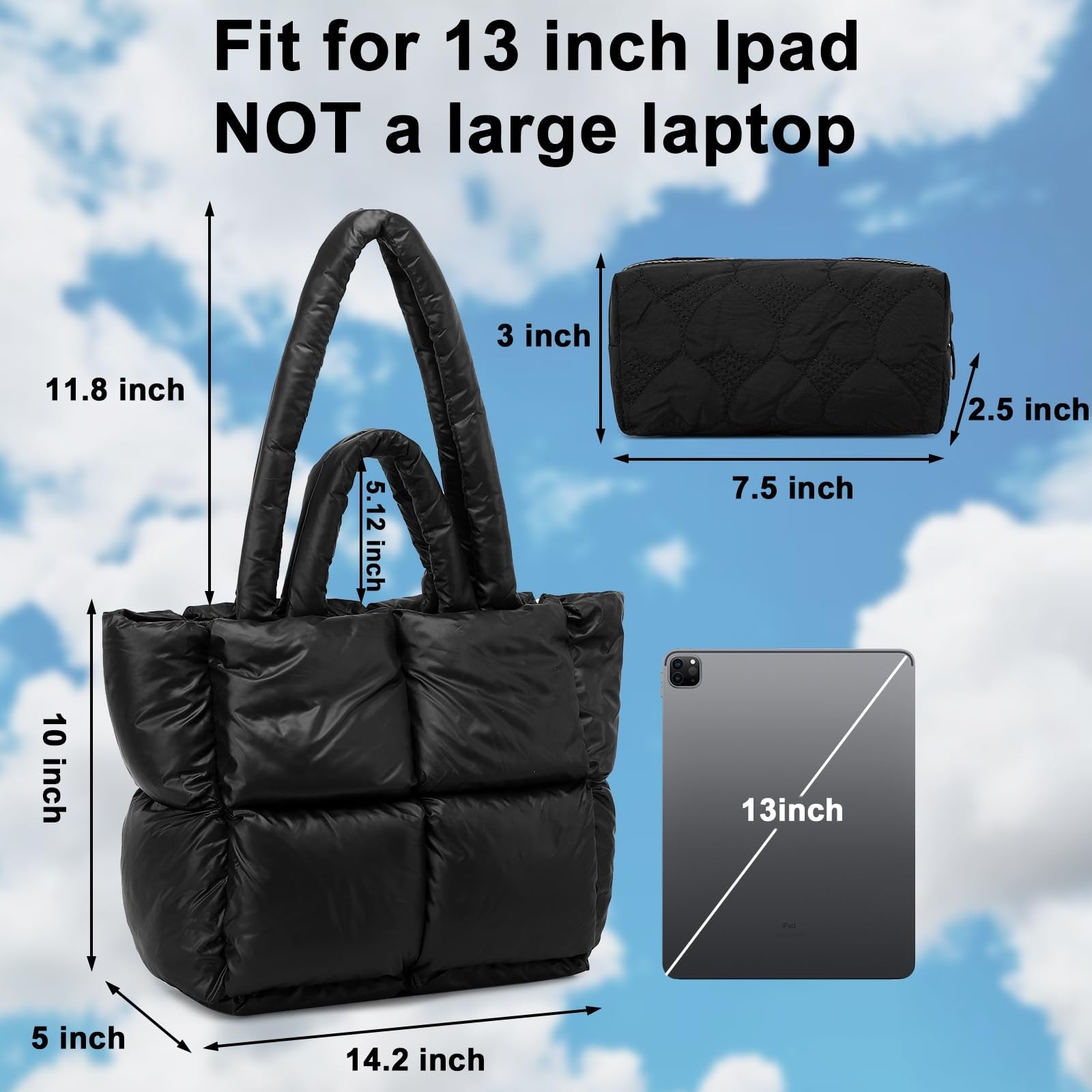 Quilted Puffer Tote Bag for Women, Lightweight Shoulder Bag, Black
