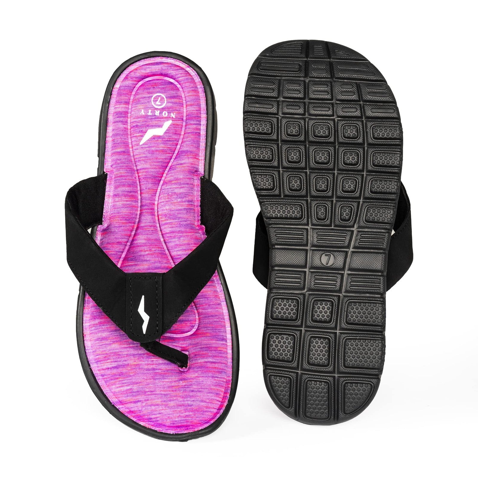 Womens Memory Foam Sandals, Norty Flip Flops, Black & Fuchsia, Size 9
